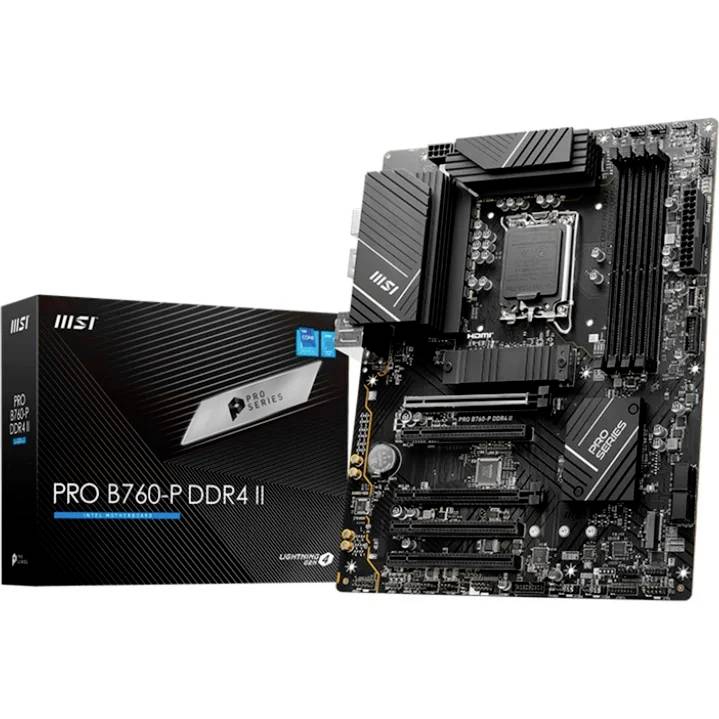 Bundkort MSI PRO B760-P DDR4 ved siden af emballage med modelbenævnelse.