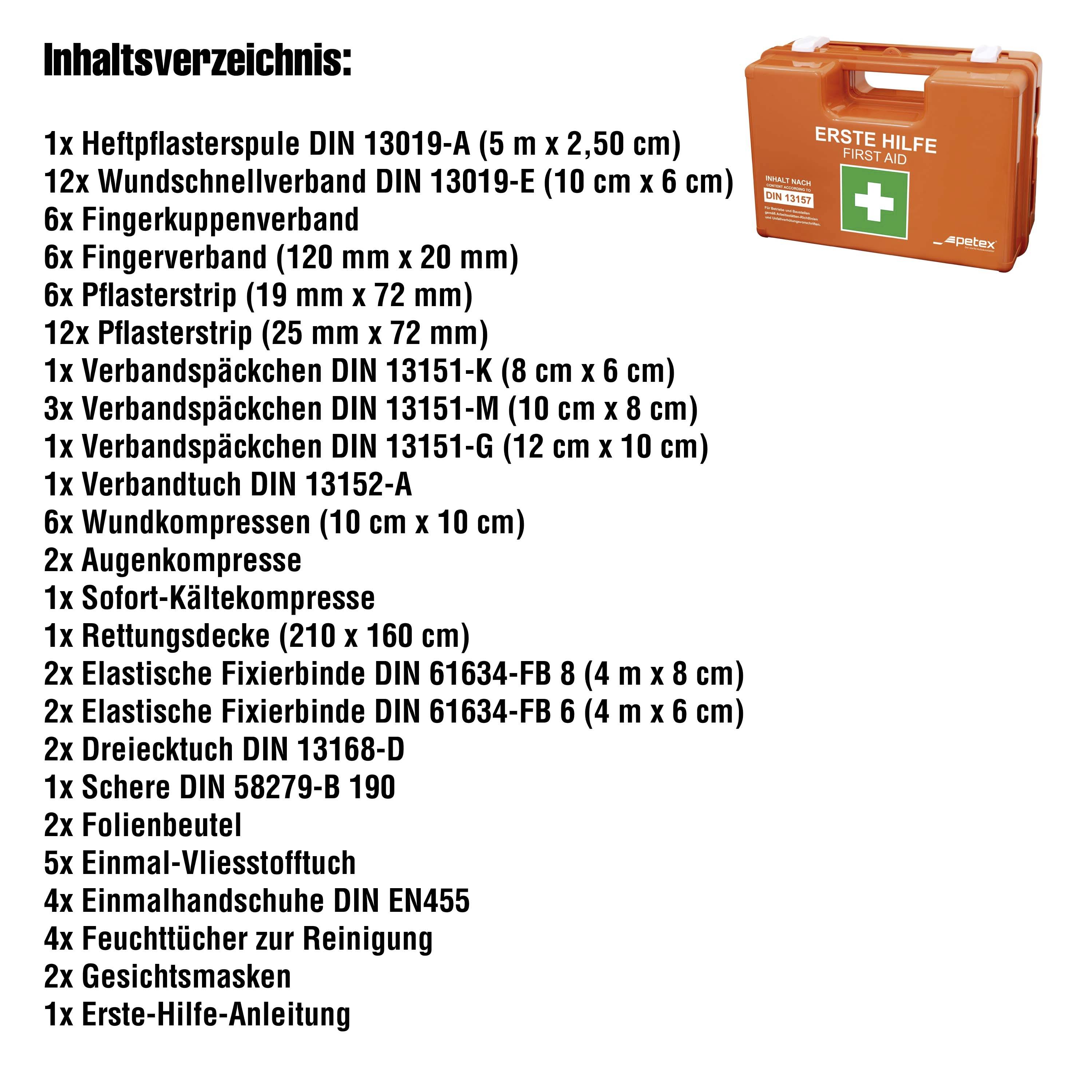 Indholdsfortegnelse:<br>- Plaster<br>- Forbindsstoffer<br>- Saks<br>- Handsker<br>- Masker<br>- Førstehjælpsvejledning