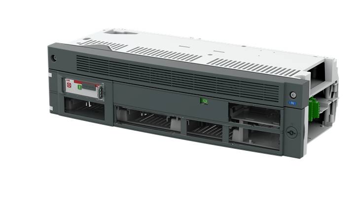 Metalserver-modul med ventilationsåbninger og indstik, placeret på hvid baggrund, uden synlig mærke eller påskrift.