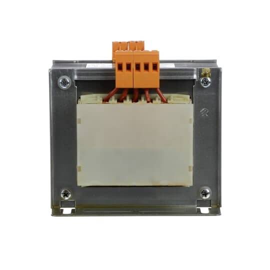 En rektangulær elektronisk transformer med orange tilslutning og flere kabler, monteret på et metalbeslag.