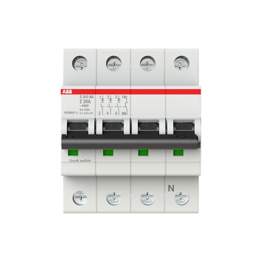 En firepolet beskyttelsesafbryder med røde og sorte markeringer, til sikring af elektriske kredsløb.