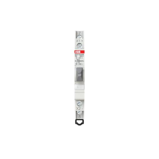 Tovpolet ABB elektrisk kontaktor med skruebeslag X1+ og X2-, egnet til montageskinner. Billede viser frontvisning.