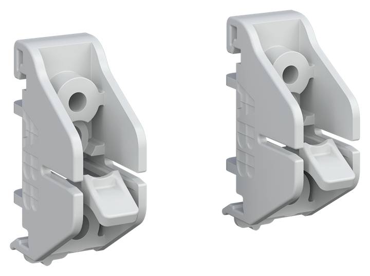 To virke hvide plastikklemmer med geometrisk design, egnet til fastgørelse eller forbindelse af kabler eller komponenter.