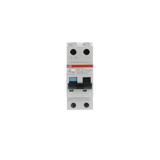 Elektrisk beskyttelsesafbryder med fire klemmer, en sort kontakt og røde markeringer på hvid baggrund.