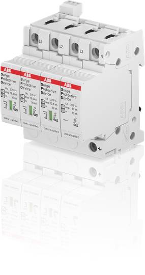 Overspændingsbeskyttelsesudstyr med tre modulpladser, mærket 'L1', 'L2', 'L3'. Det beskytter elektriske systemer mod overspændinger.