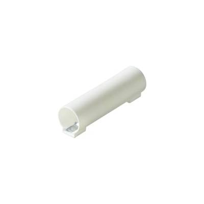 En hvid, cylinderformet genstand, muligvis en adapter eller en elektrisk komponent, ligger på en hvid baggrund.