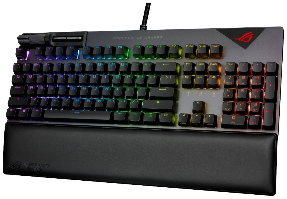 Mekanisk tastatur med RGB-belysning og aftagelig håndledsstøtte. Taster er belyst i forskellige farver.