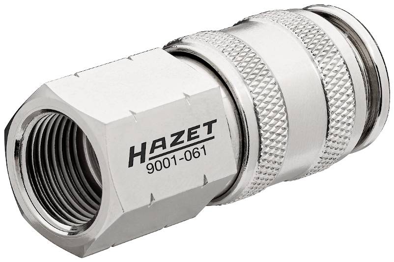 Metallisk hurtigkoblingsstik med påskriften 'HAZET 9001-061', bruges til trykluftforbindelser.