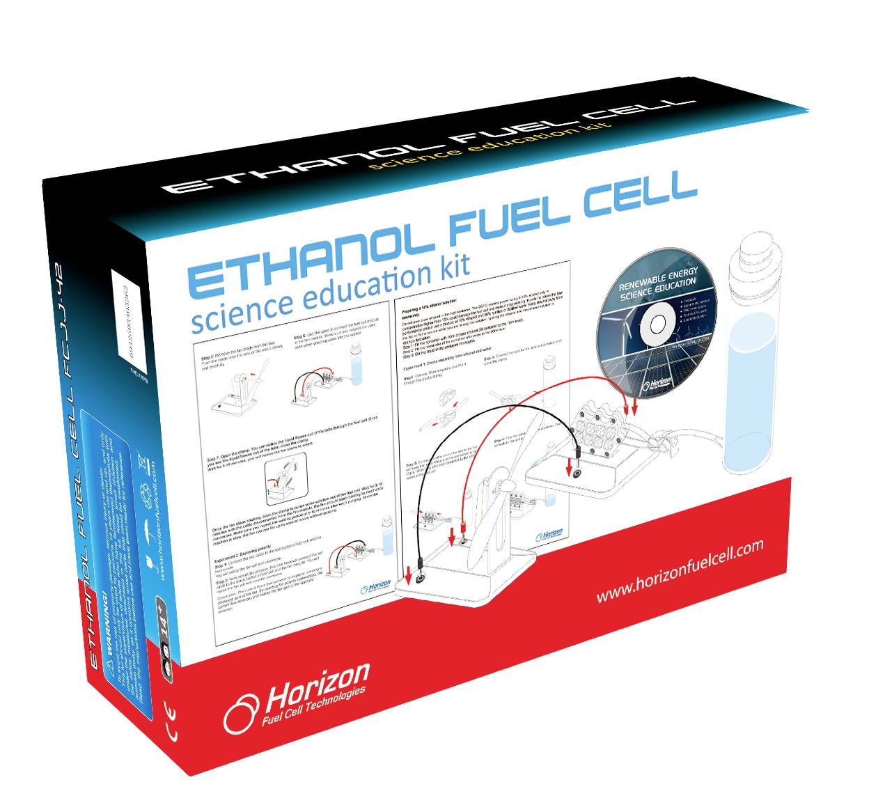 Uddannelsessæt til ethanolbrændselscelle, fremstillet af Horizon Fuel Cell, hvor emballagen viser et læringssæt med diagrammer og en CD.