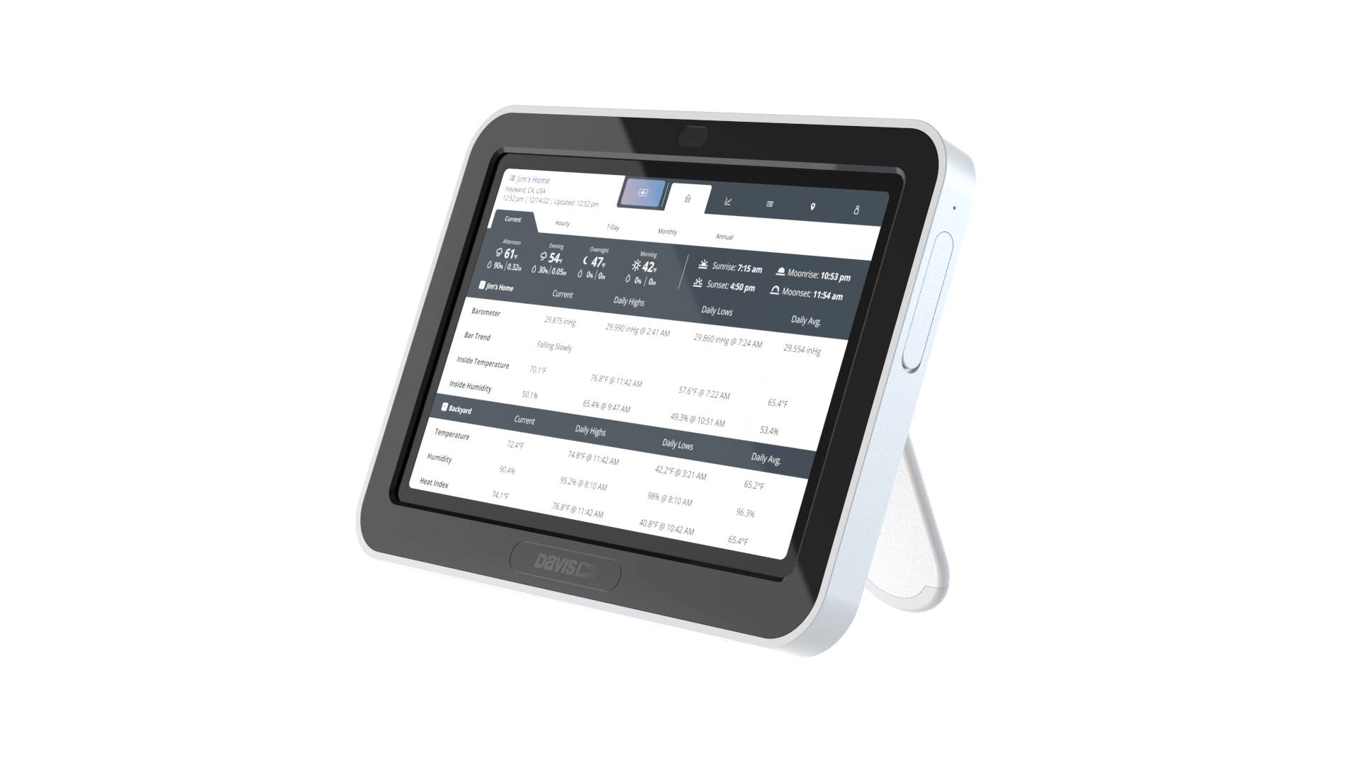 Et tablet på et stativ viser en brugerflade med tabeller, tids- og vejrinformationer. Det fremstår som en informationsskærm.