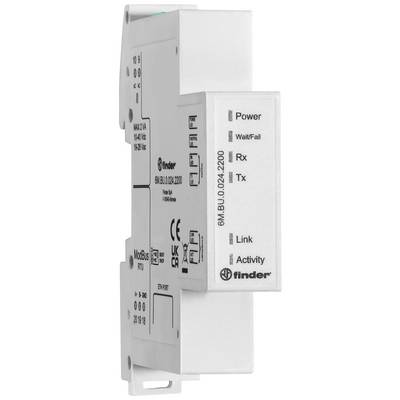 En Modbus-enhed med LED-indikatorer for strøm, fejl, modtagelse (Rx), transmission (Tx), link og aktivitet, monteret på DIN-skinne.