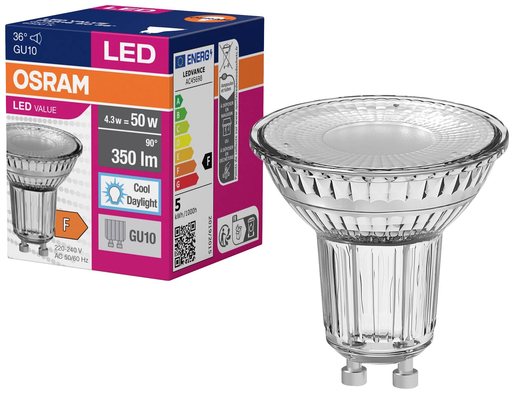 OSRAM LED-pære. Model GU10, 4,3 W svarende til 50 W, 350 lumen, 90° spredningsvinkel, energieffektivitetsklasse F.