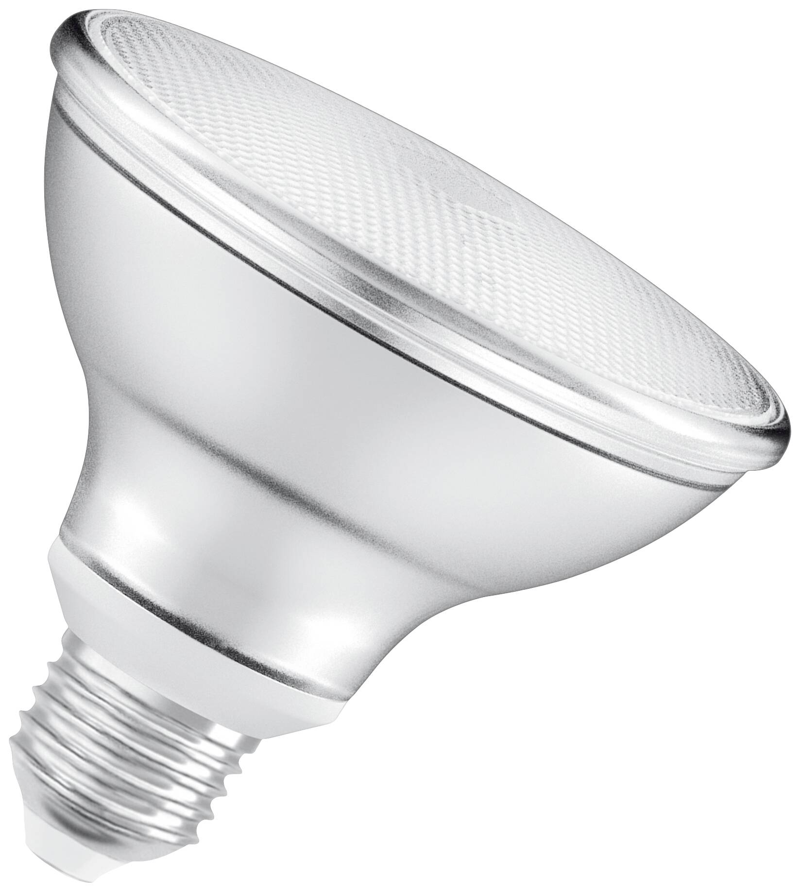 Et sølvfarvet LED-pære med E27-sokkel på hvid baggrund. Den har et reflekterende hoved og er egnet til energibesparende belysning.