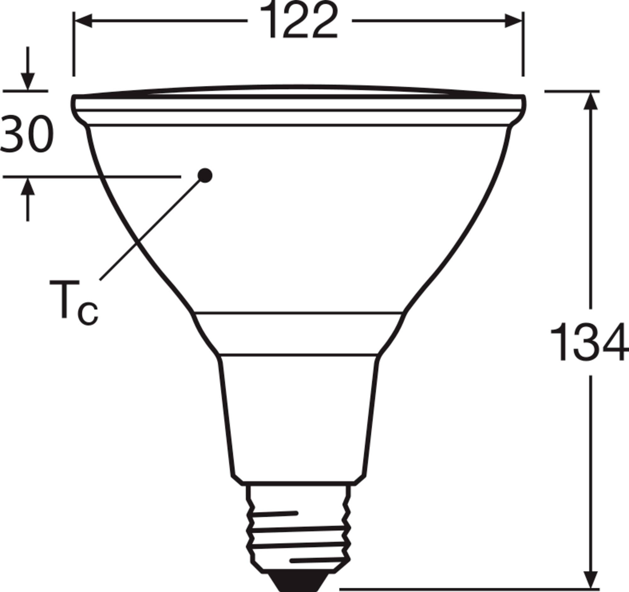 Teknisk tegning af en glødepære med mål: Samlet højde 134 mm, diameter 122 mm, afstand fra spids til målepunkt Tc 30 mm.
