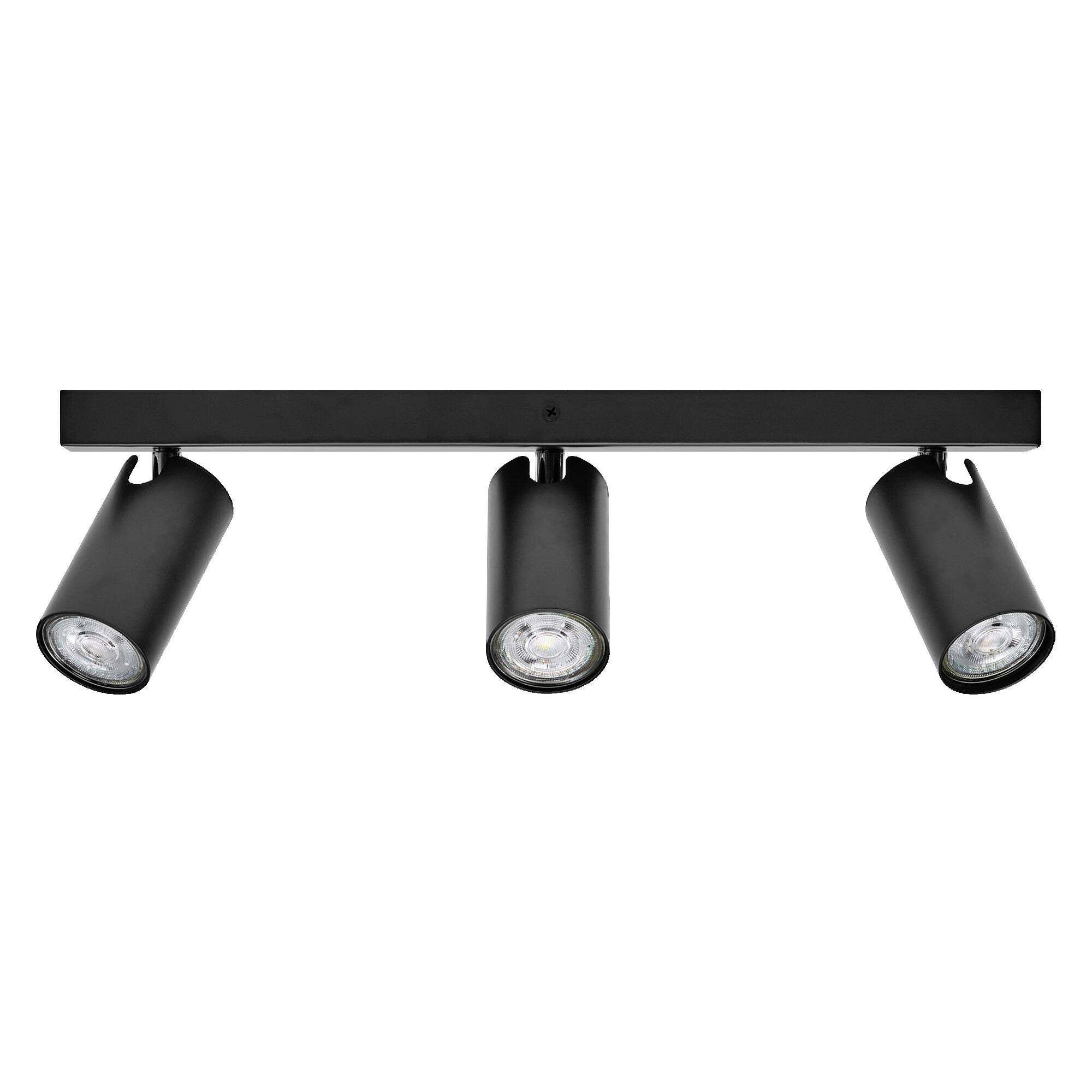 Sort loftslampe med tre justerbare spotlys, velegnet til fokuseret belysning i moderne indendørsarealer.