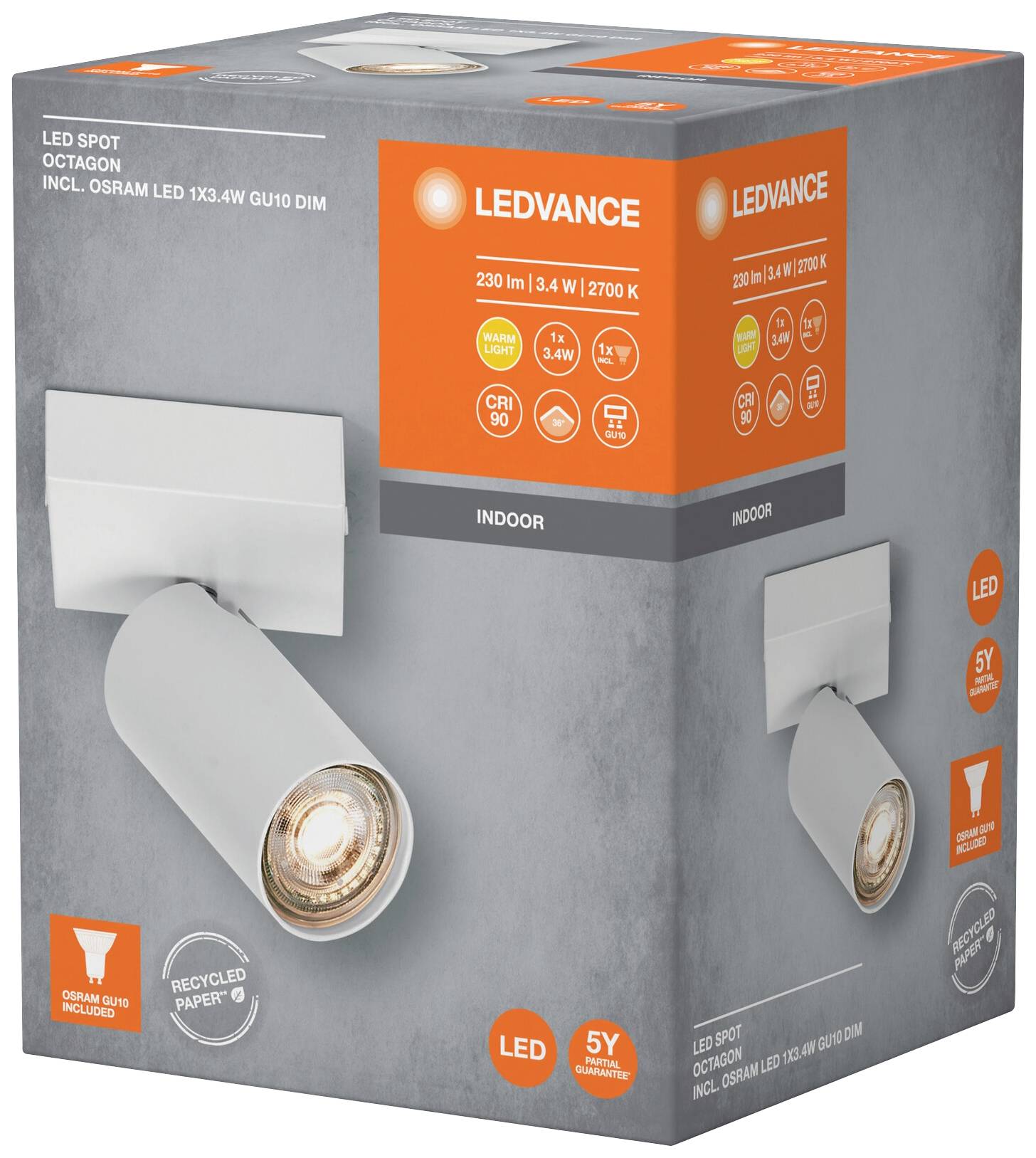 Emballage til en LED-armatur fra LEDVANCE. Indeholder oplysninger om effekt, lysfarve og energieffektivitet. Egnet til indendørs brug.