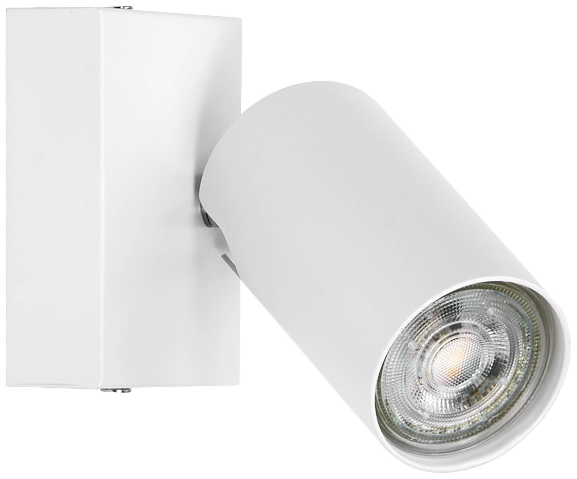 Hvid væglampe med cylinderformet lampeskærm og justerbart led.