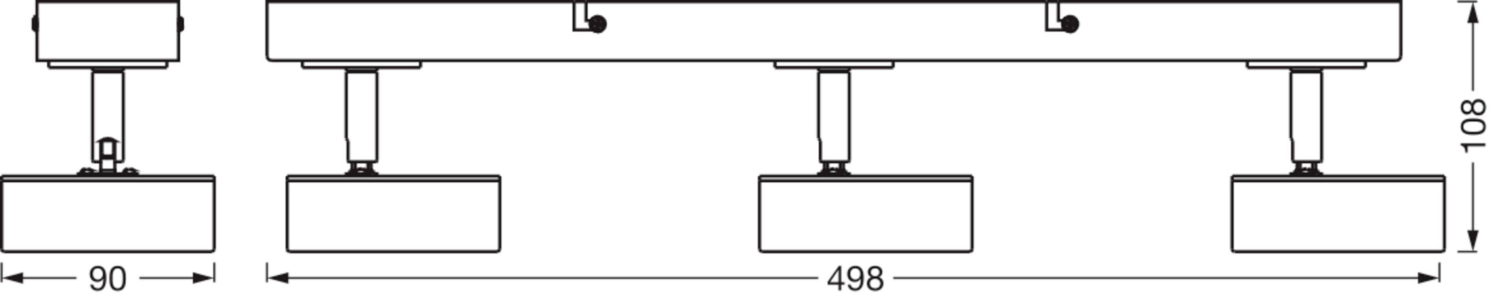 Diagram over en rektangulær loftslampe med fire ensartet fordelte lamper. Samlet længde 498 mm, lampernes indbyrdes afstand 90 mm.
