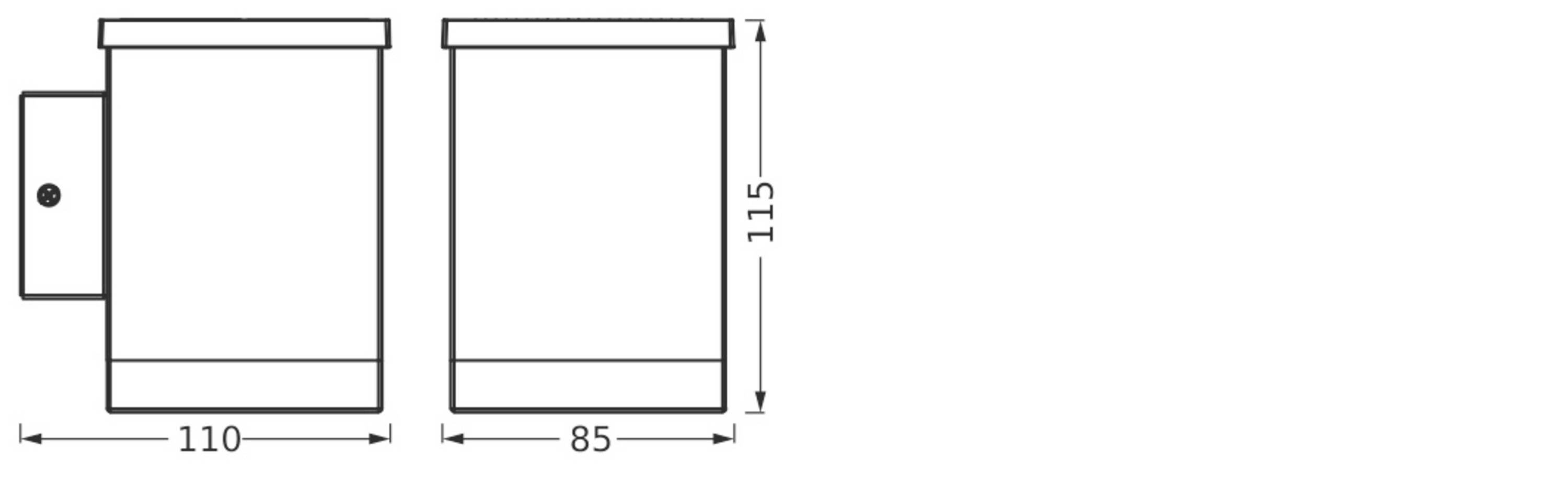 Teknisk tegning af to cylindriske beholdere med følgende dimensioner: 110x115 mm og 85x115 mm. Den venstre cylinder har en sidemonteret holder.