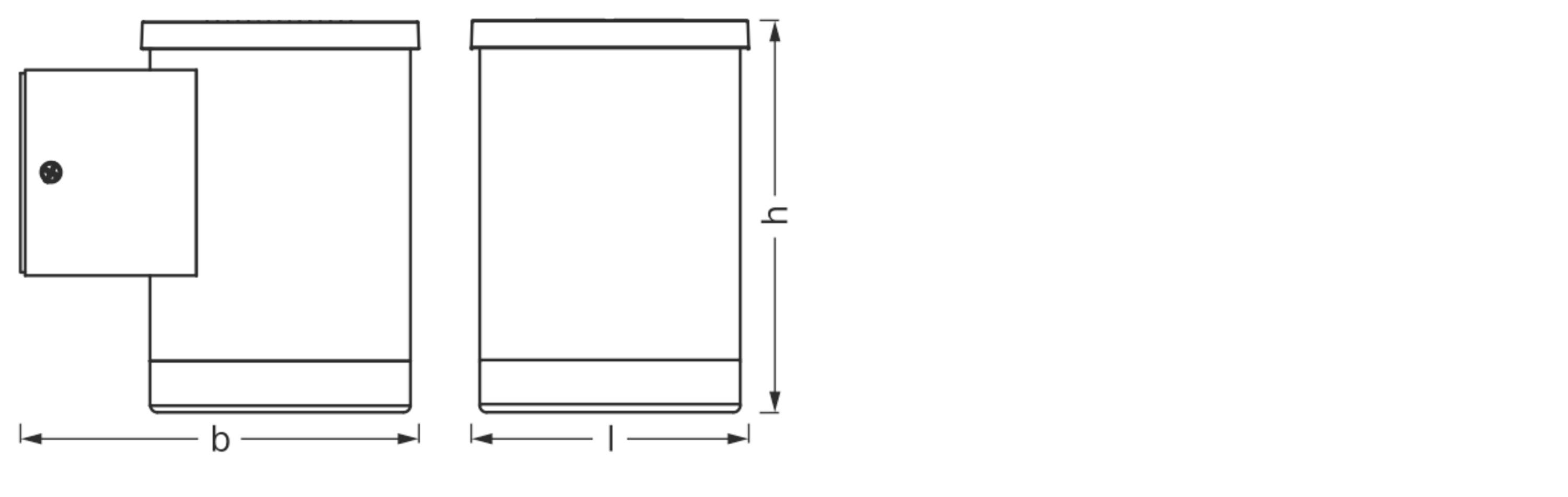 Teknisk tegning med to rektangulære objekter, hvoraf det ene har en fremskudt blok. Dimensionerne 'b' og 'l' fremhævet.