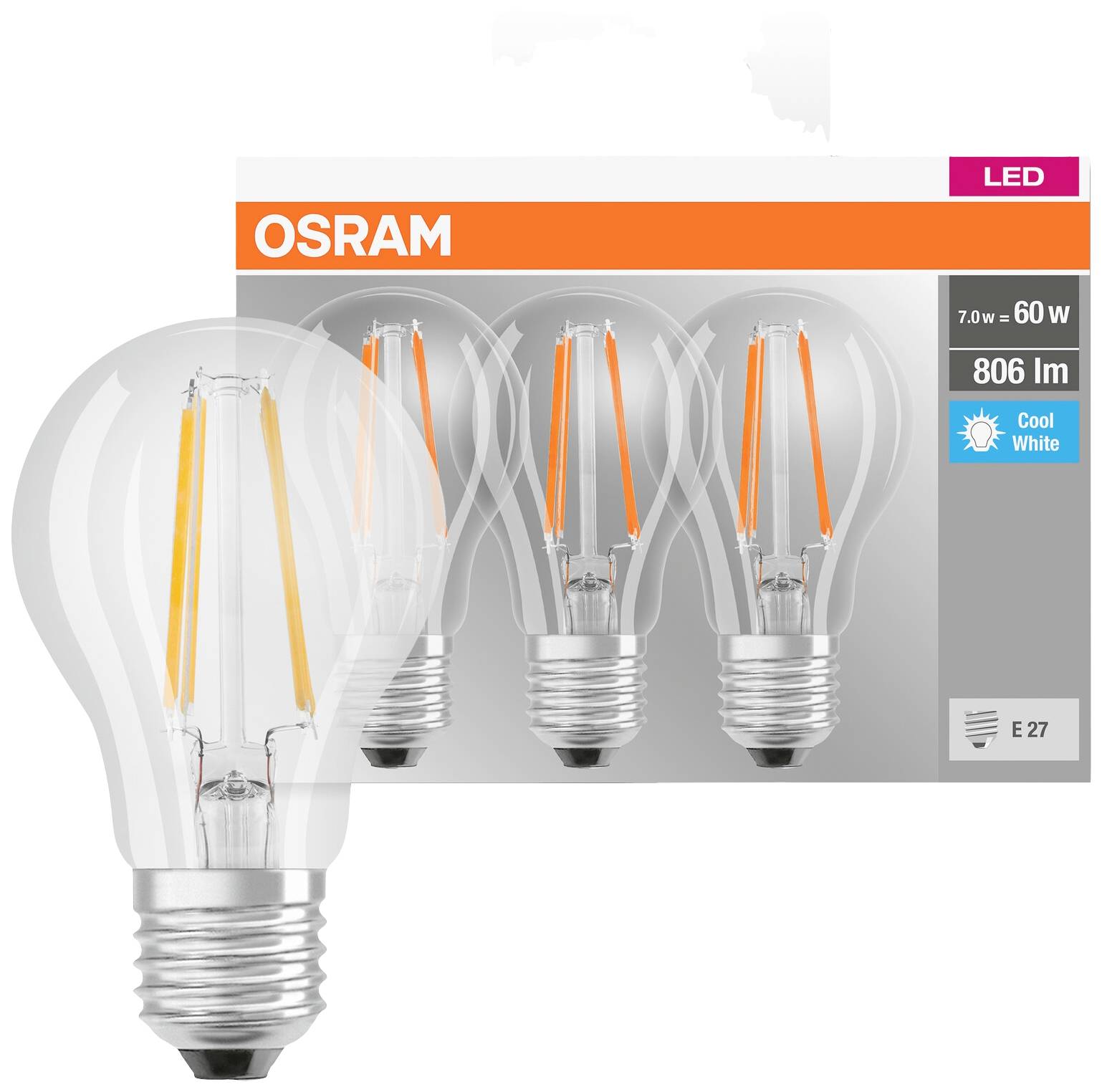 Fire OSRAM LED-pærer i en pakke, 7 W svarende til 60 W, 806 lumen, E27 sokkel, lysfarve: Kølig hvid.