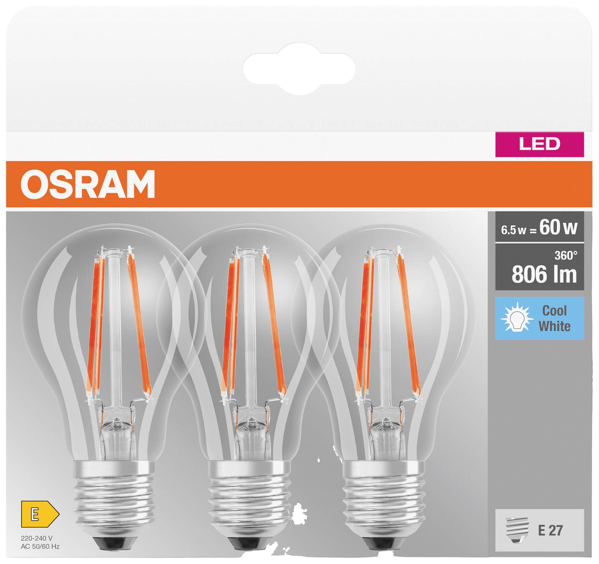 Tre LED-pærer fra OSRAM i én pakke. De har en effekt på 6,5 W (svarende til 60 W), 806 lumen og er kølig hvid.