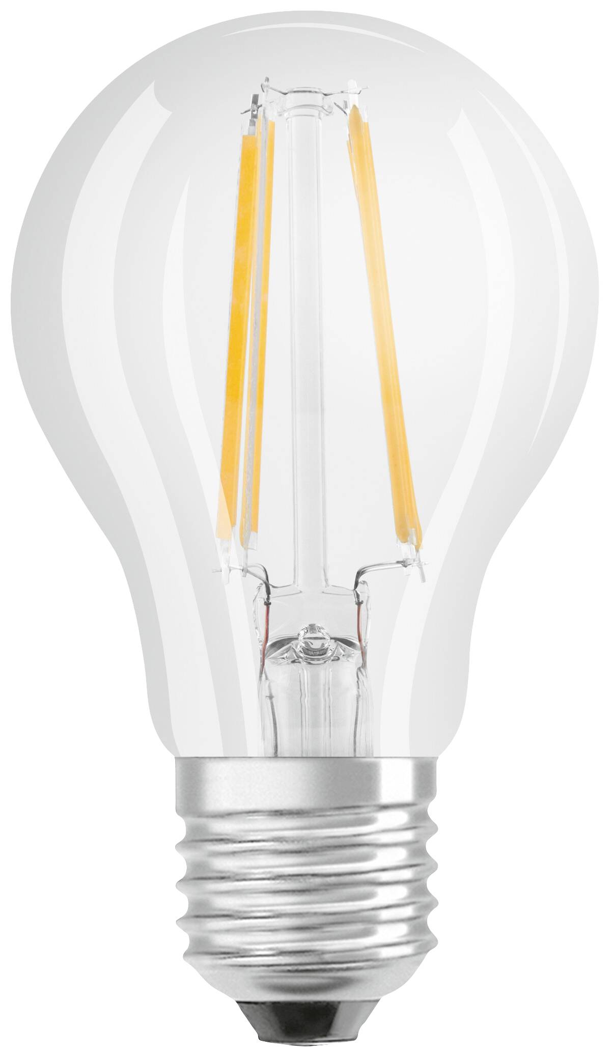 Billedet viser en klassisk glødepære med et synligt LED-filament, der er indesluttet i en klar glaskuppel.