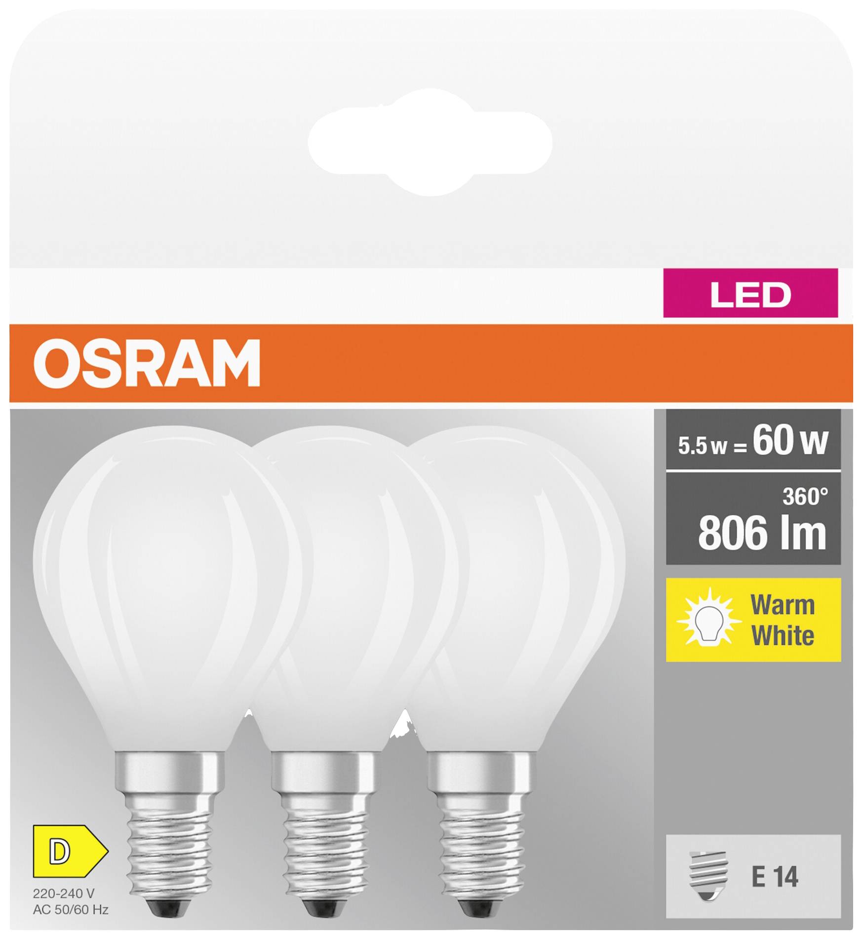 Osram LED-pære emballage med angivelser: 5,5 W svarer til 60 W, 806 lm, varmhvid, energiklasse D, E14 sokkel.