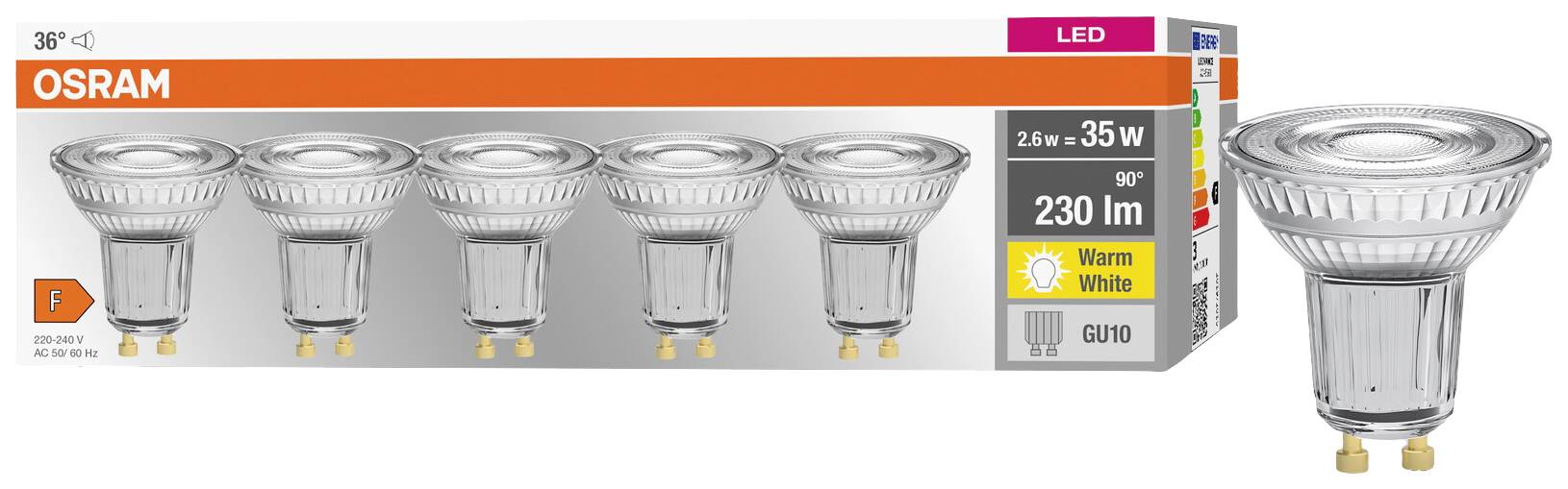 Emballage til en Osram LED-pære, 35 watt, 230 lumen, varmt hvidt lys, GU10-sokkel. Emballagen viser seks pærer.