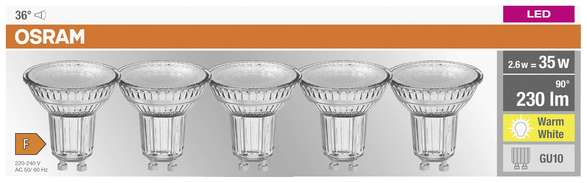 Emballage med 5 OSRAM LED-pærer, hver på 2,6 W, 230 lm, varmt hvidt lys, GU10-sokkel, energiklasse F.