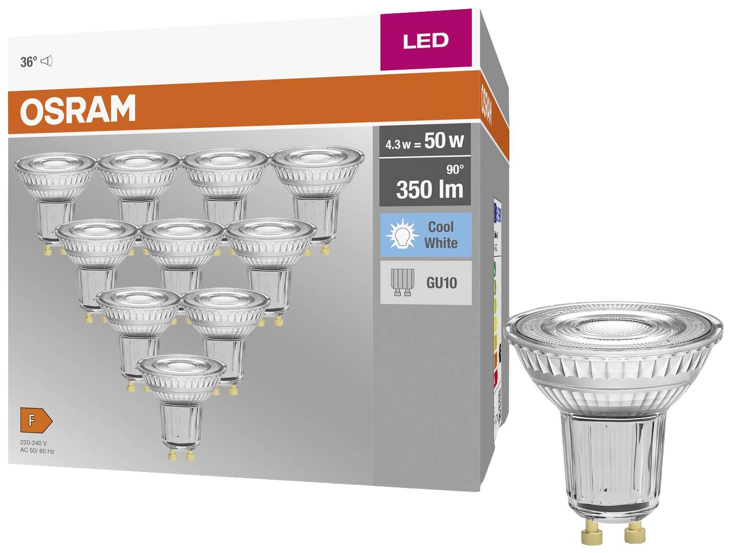Emballage viser OSRAM LED-pære. Detaljer: 4,3 W = 50 W, 350 lm, 90° spredningsvinkel, Cool White, GU10-sokkel. Indeholder 10 stk.