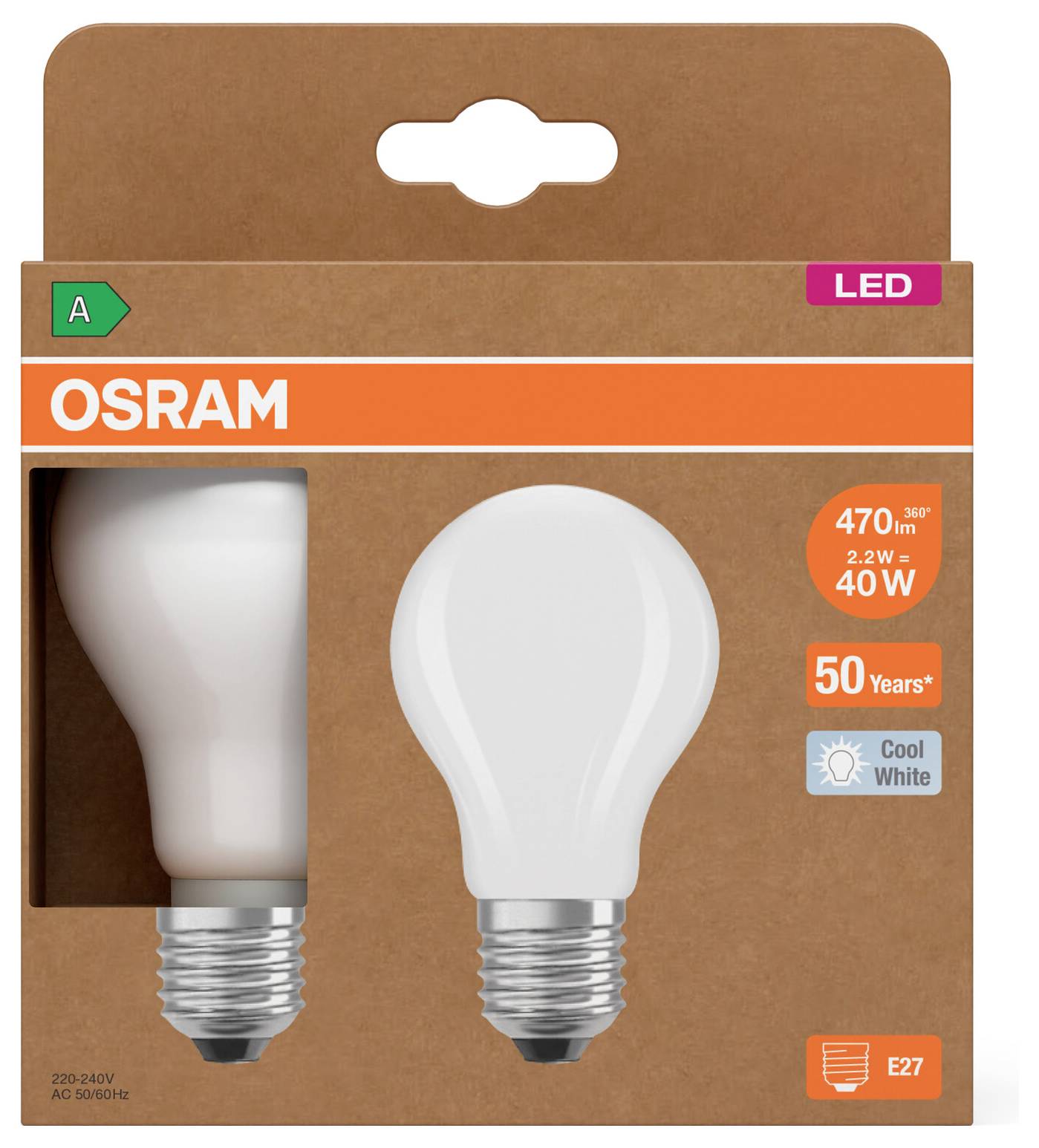 OSRAM LED-pære emballage viser en E27 kølig hvid 40W-ækvivalent pære, 470 lumen, 2,2W, energiklasse A.