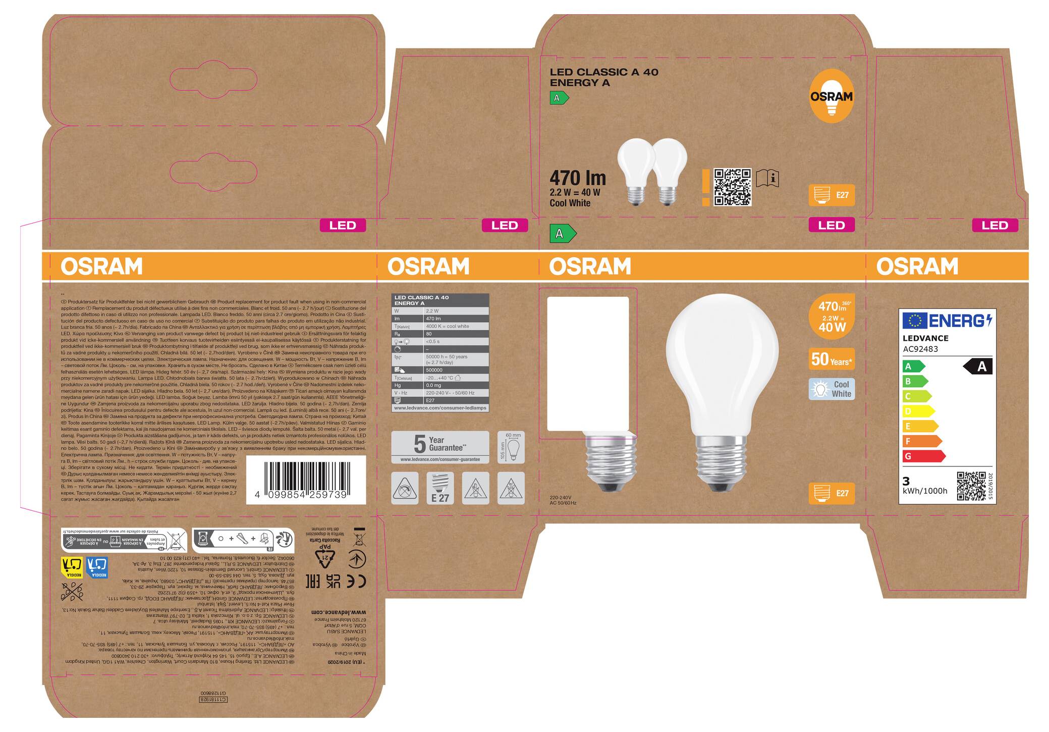 OSRAM LED Classic A 40 lysepære emballage viser en 470 lm, 4,9 W LED pære med energimærkat, produktbilleder og stregkode.