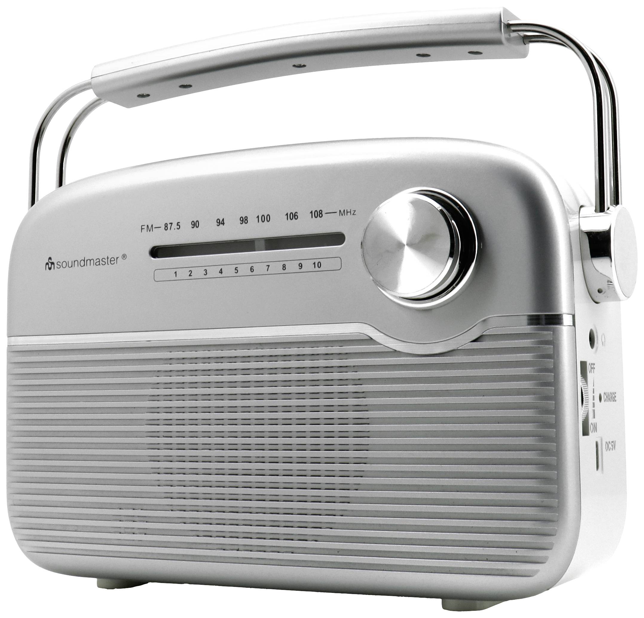 Et sølvfarvet bærbart radiosystem med FM-skala, volumenkontrol og udtrækbar antenne. Perfekt til musik på farten.