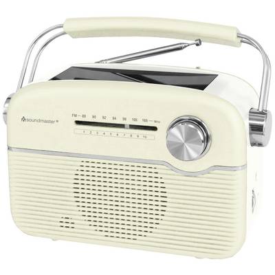 Et cremefarvet retro-radio med sølvfarvet tuningknap og håndtag, viser FM-frekvenser og højttalere foran.