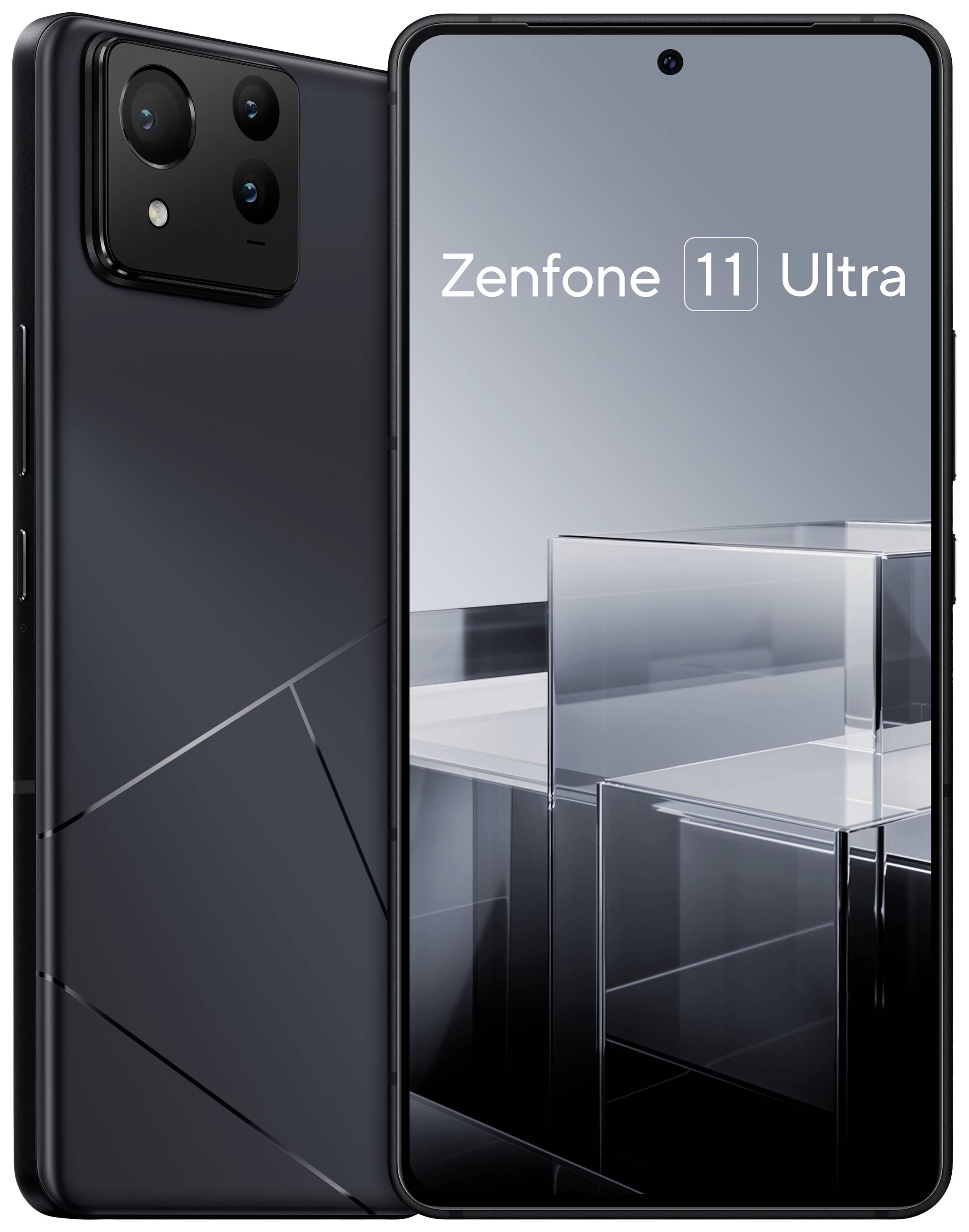 To smartphones, for- og bagside, på grå baggrund. Skærmen viser 'Zenfone 11 Ultra', moderne og elegant.