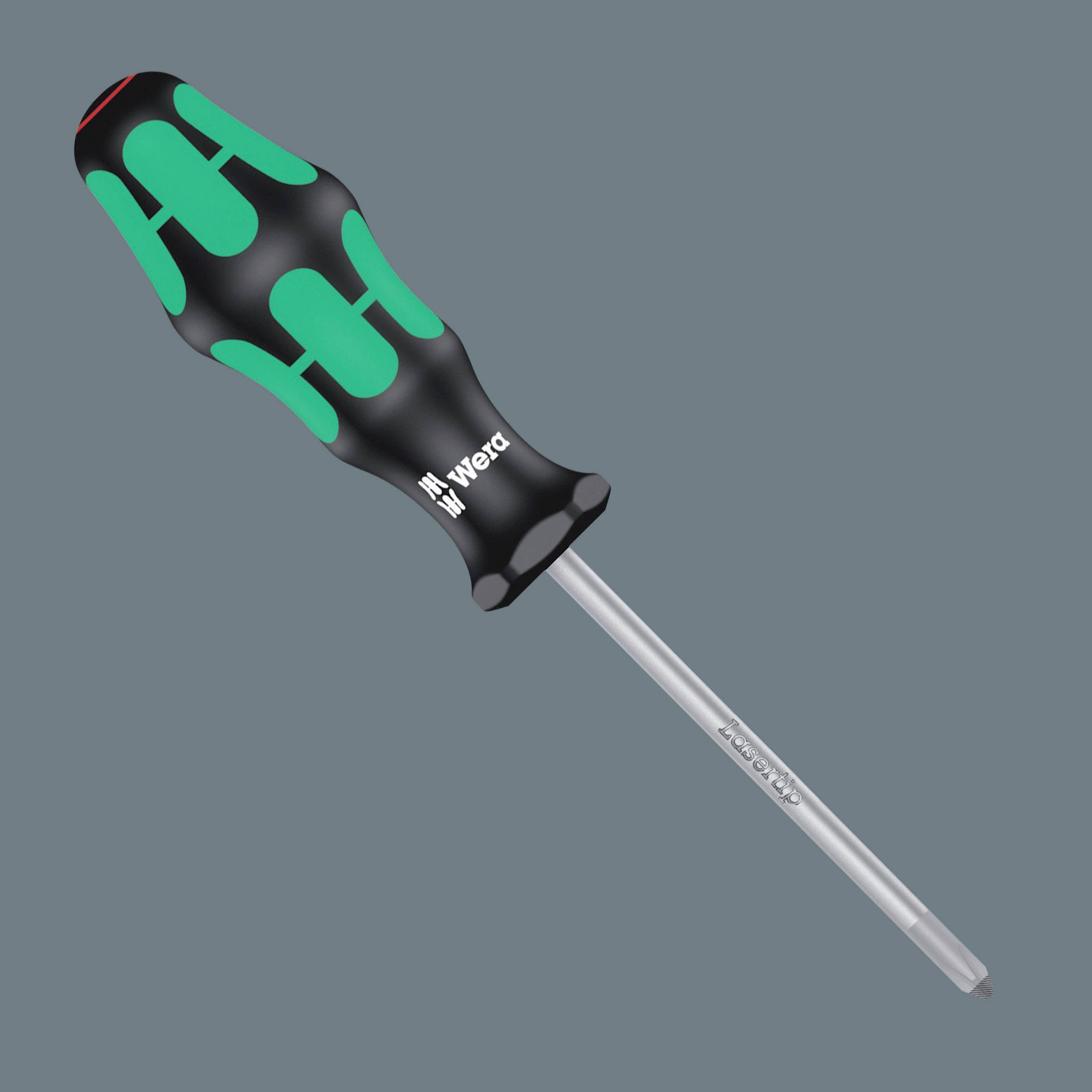 En skruetrækker med en grøn-sort ergonomisk håndgreb og metallisk spids.