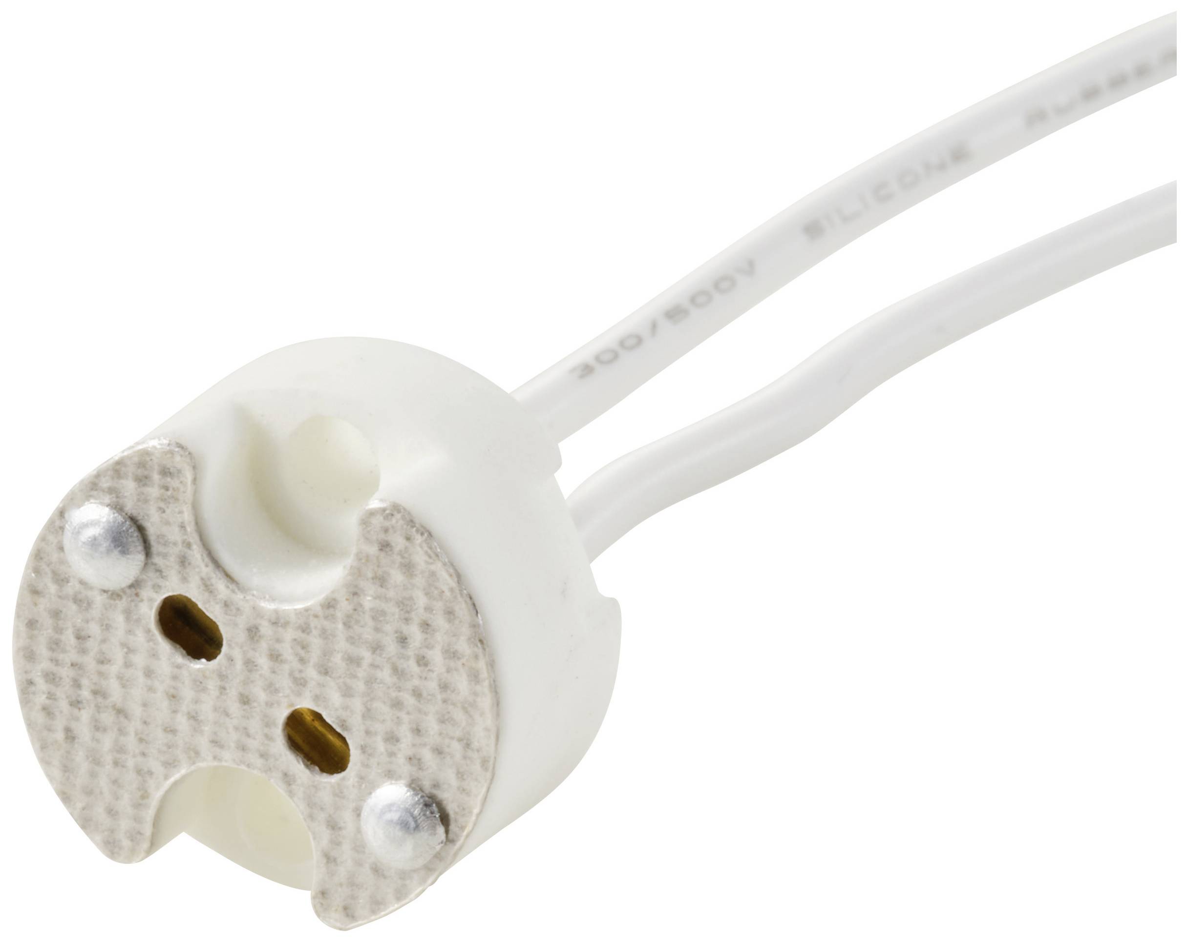 Keramisk lampesokkel med to tilslutningsledninger. Den har to åbninger til glødepærens ben og bruges til montering i armaturer.