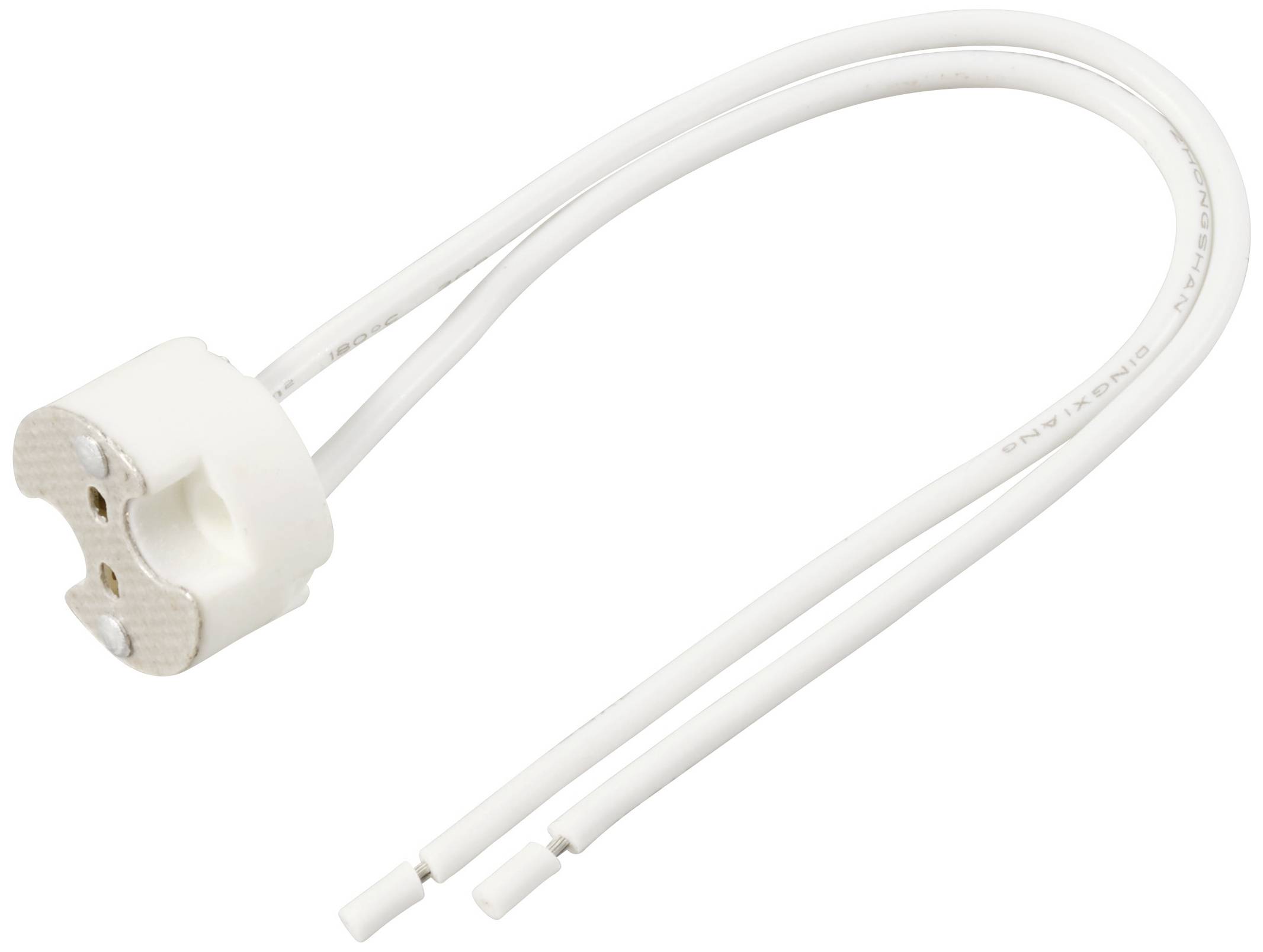 Hvid keramisk lampeholder med to fremtrædende kabler, egnet til GU10- eller MR16-pærer.