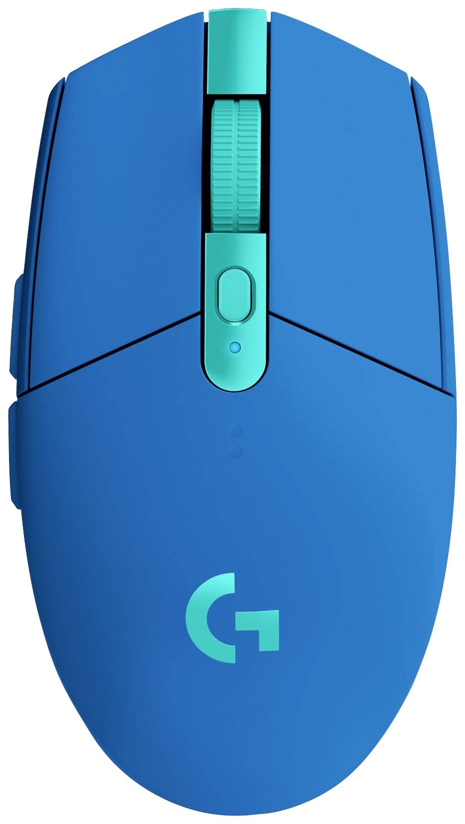 Trådløs, blå computermuse med turkisfarvet scrollhjul og logo, velegnet til gaming.