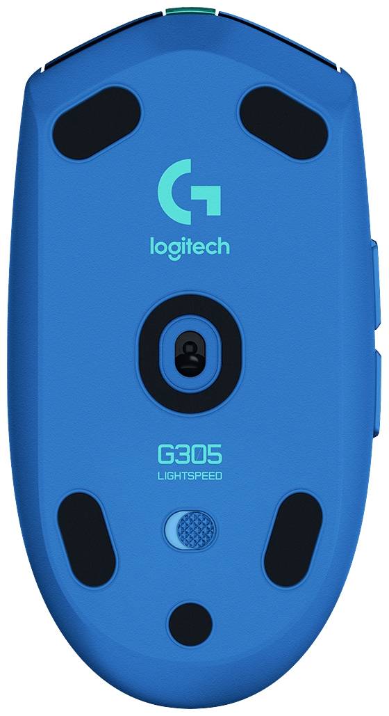Blå underside af en trådløs Logitech G305 gaming-mus, viser sensor, varemærkelogo og modelbenævnelse.
