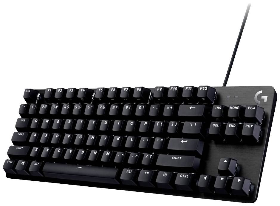 Sort mekanisk kablet tastatur. Indeholder funktionstaster, piletaster og numerisk tastatur. Mærkelogo øverst i højre hjørne.