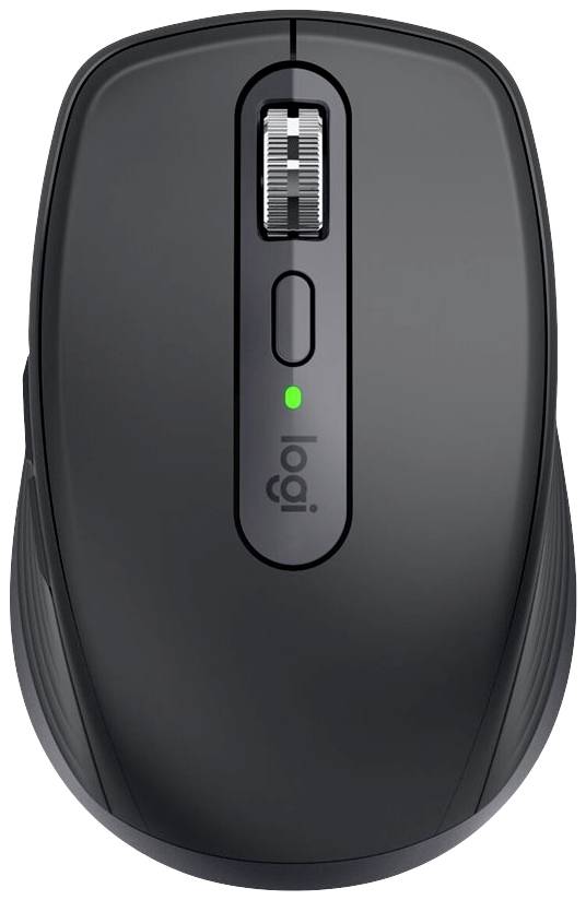 Sort trådløs computermouse med scrollhjul og grønt LED-lys oven over logoet på oversiden.