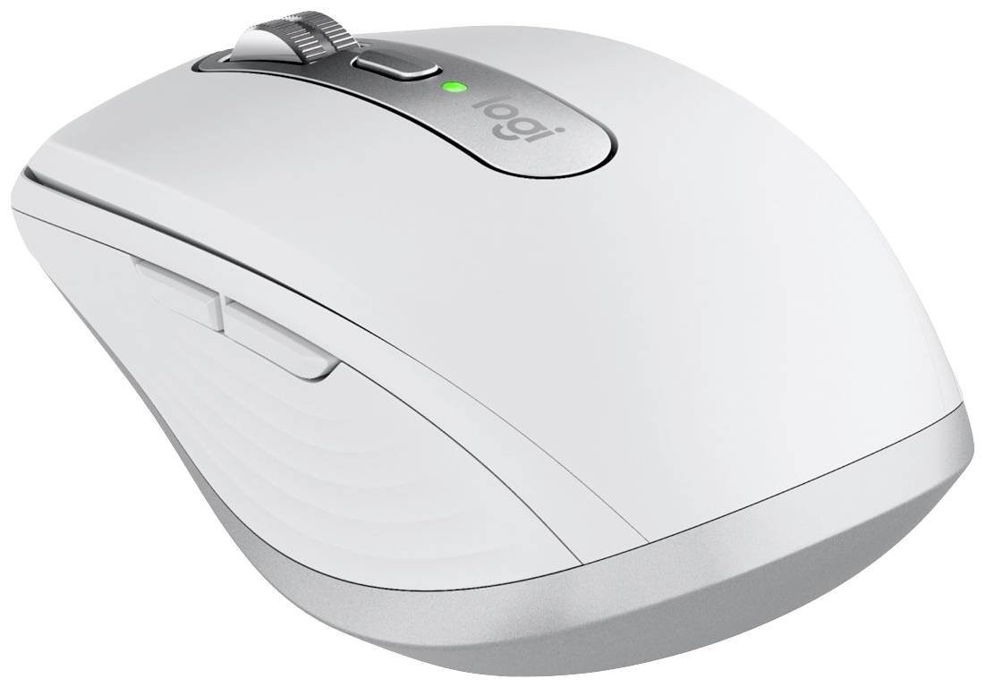 Hvid, trådløs computermuse med ergonomisk design og ekstra scrollhjul. En grøn LED-indikator lyser på enheden.
