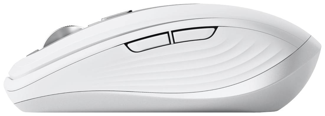 Hvid computer-mus med ergonomisk design, siddeknapper og et scrollhjul på toppen.