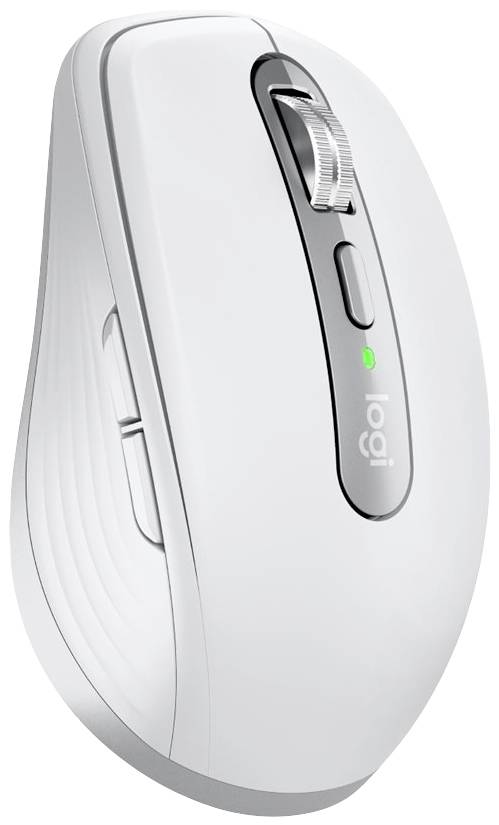 Hvid trådløs computermuse med to sidetaster, scrollhjul, optisk sensor og 'logi'-logo.