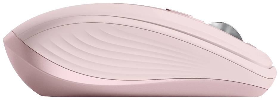 Trådløs, lyserød computermuse med struktureret kabinet og sølvfarvet scrollhjul. Designet til ergonomisk komfort.