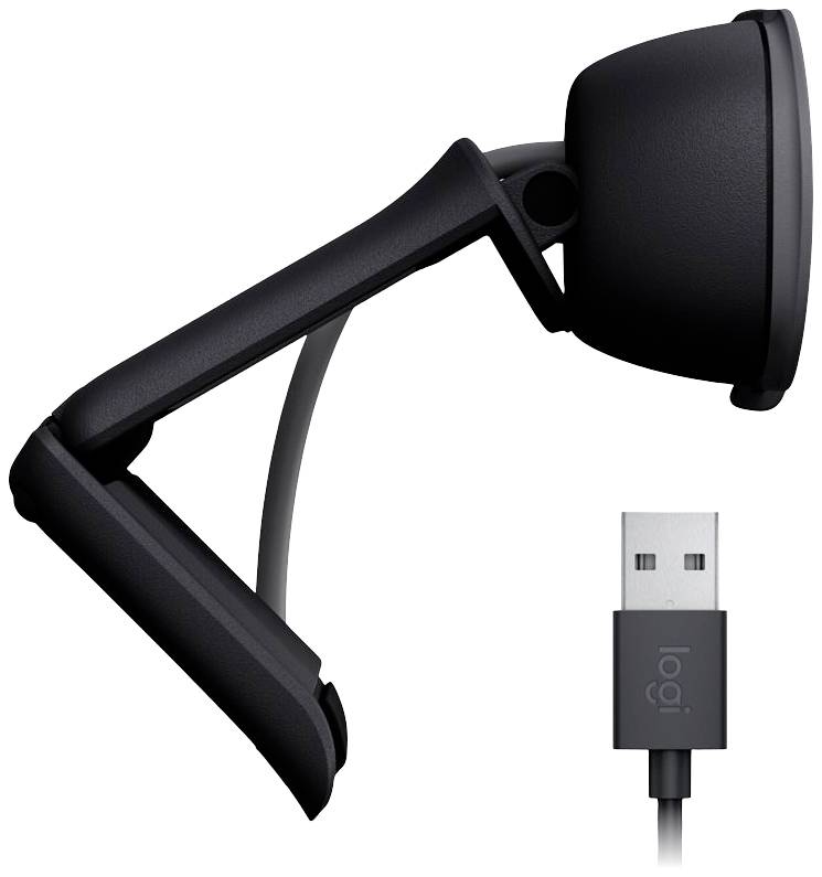 Et sort USB-webkamera med et fleksibelt beslag og kabel, som muliggør nem justering af kameraets vinkel.