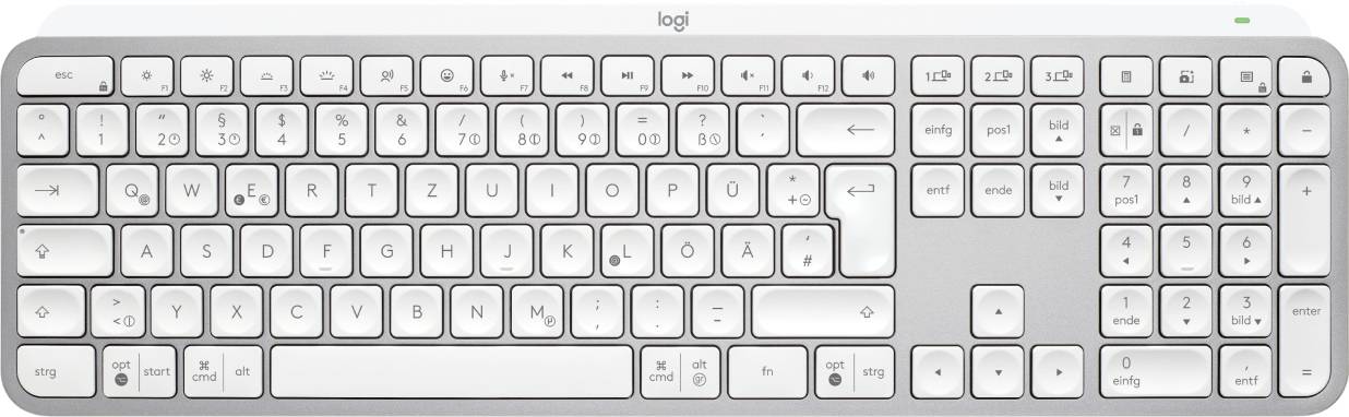 Trådløst, sølvfarvet tastatur med hvidt tastaturlayout i QWERTZ-format. Producentlogo synligt over talblokken.