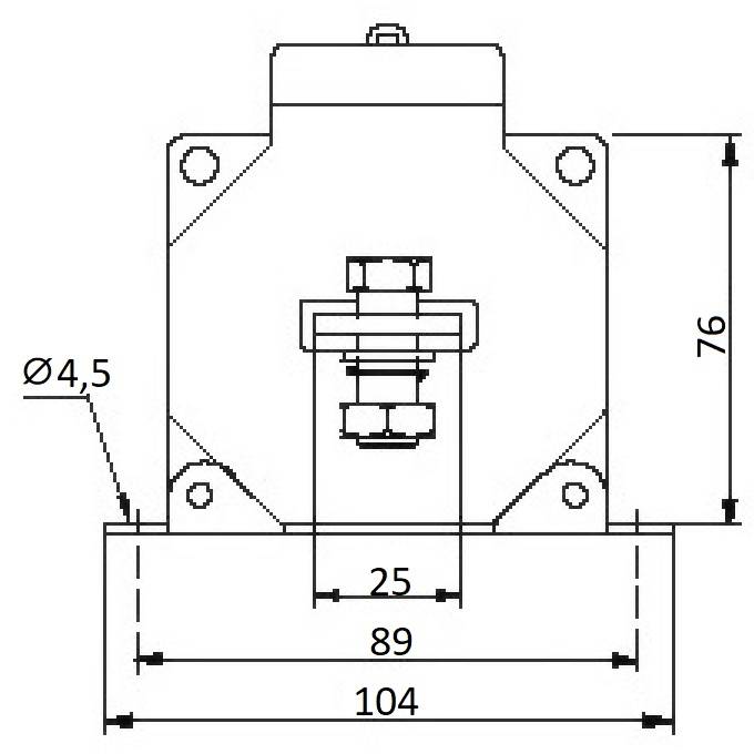 Teknisk tegning af en mekanisk komponent med dimensioner: Højde 76 mm, bredde 104 mm, Ø4,5 mm.